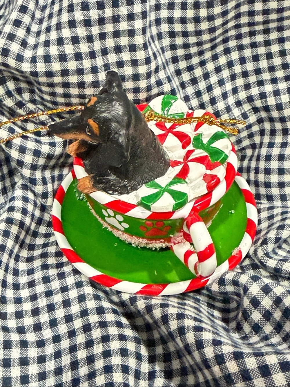 Danbury Mint Black and Brown Dachshund in Red, White and Green Teacup Ornament